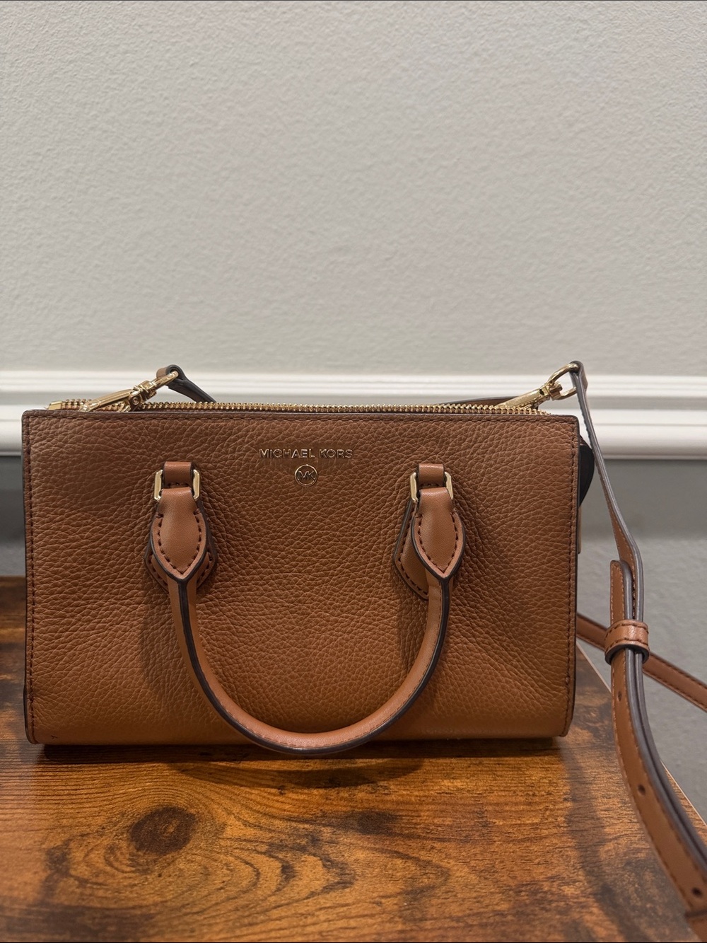 Michael Kors Pebble Leather Tan Satchel with Gold Hardware